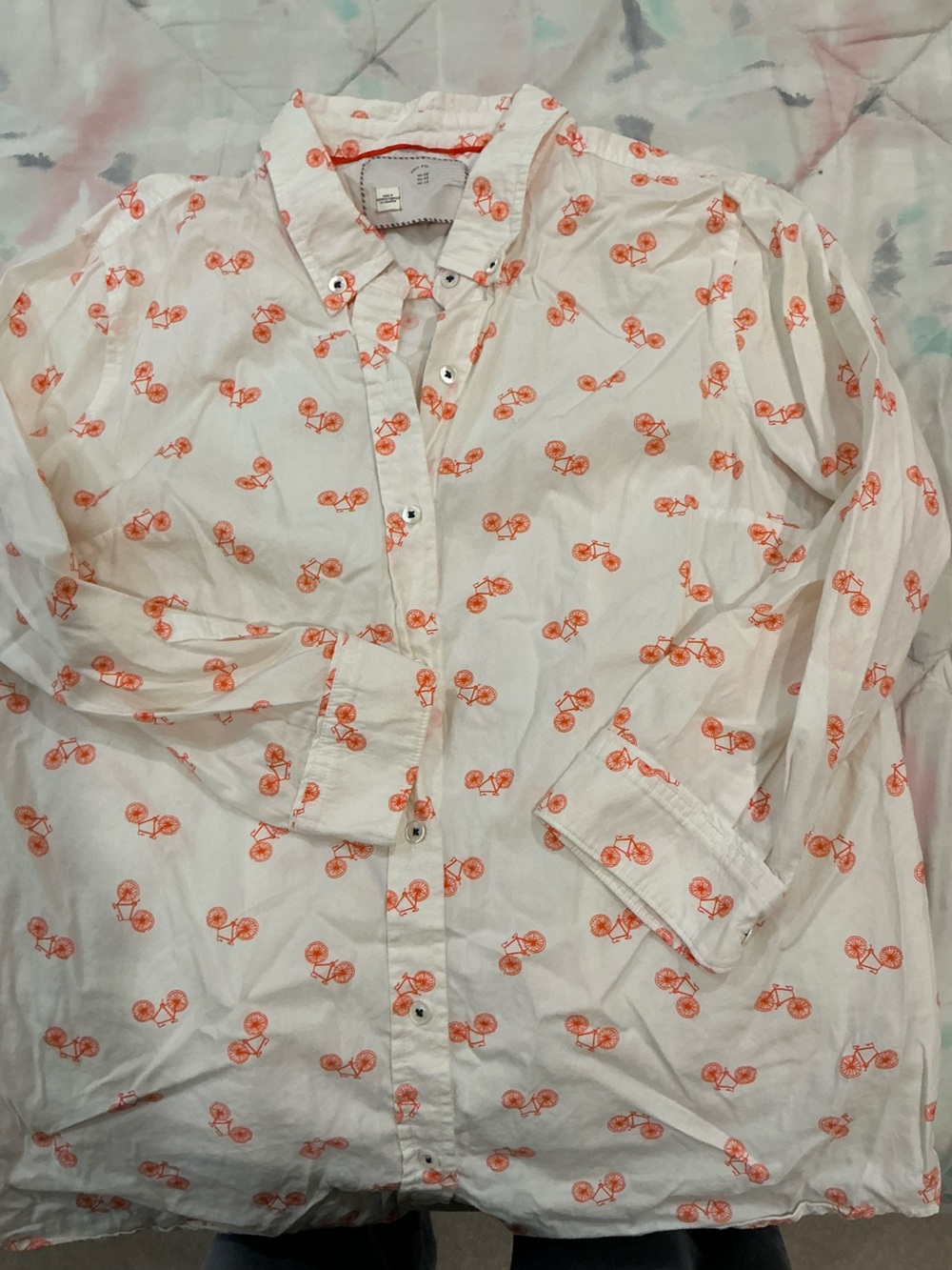 J. Crew White Button-Down Shirt with Orange Bicycle Print